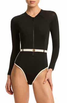 Sea Level Bound Belted Long Sleeve One-Piece Swimsuit