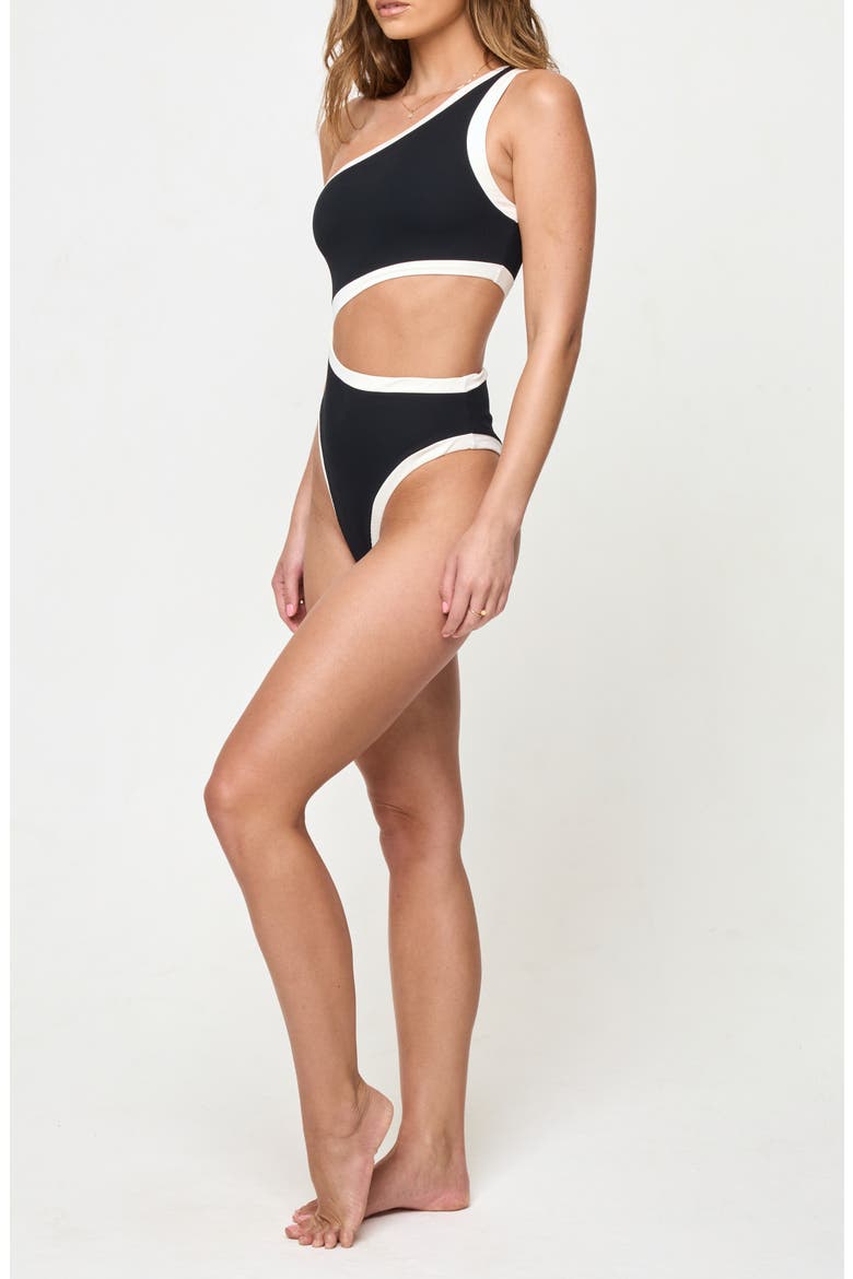 Loren Cutout Rib & Jersey One-Piece Swimsuit, Alternate, color, BLACK/ CREAM