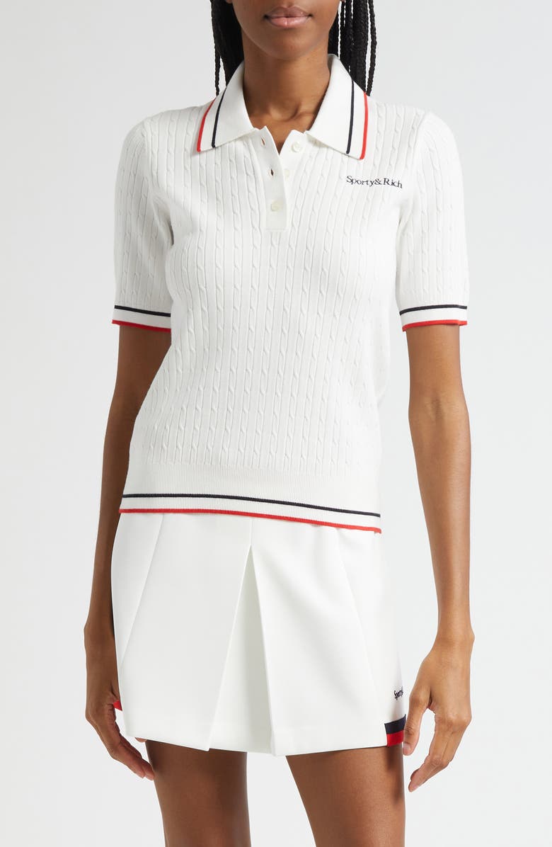 Sporty & Rich Serif Logo Mini Cable Knit Polo, Main, color, White/ Dark Navy/ Ruby