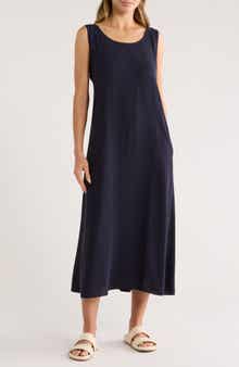 Eileen Fisher Scoop Neck Silk Georgette Midi Dress
