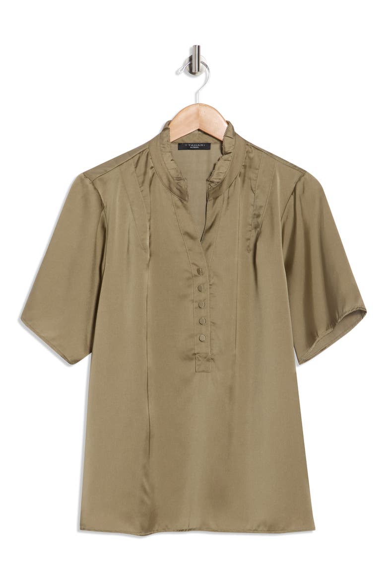 Ruffle Split Neck Short Sleeve Top, Alternate, color, LIGHT OLIVE