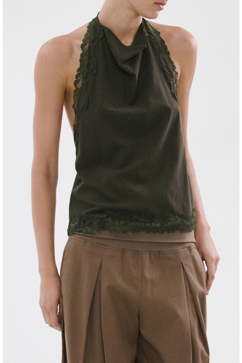 Kristen Draped Lace Detail Cotton Halter Top, Main, color, KHAKI GREEN