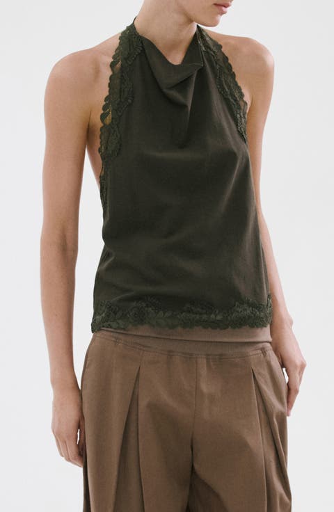 Kristen Draped Lace Detail Cotton Halter Top