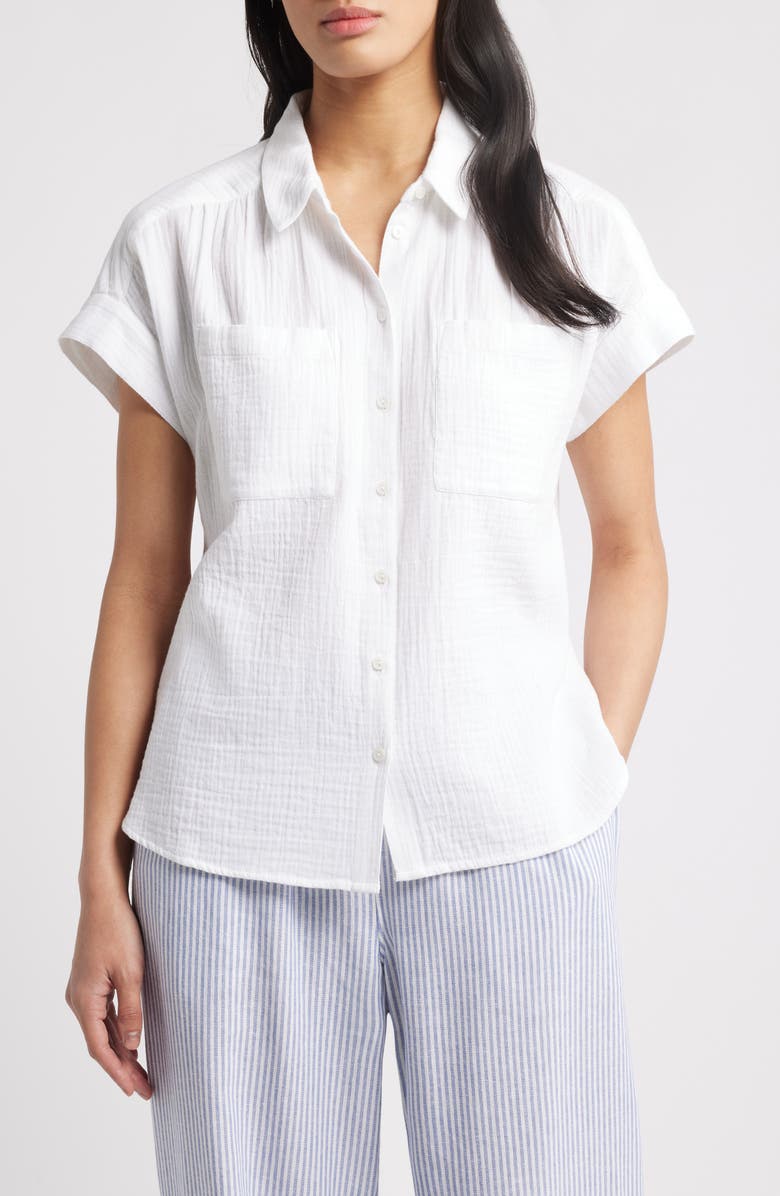 Caslon<sup>®</sup> Cotton Gauze Button-Up Shirt, Main, color, White