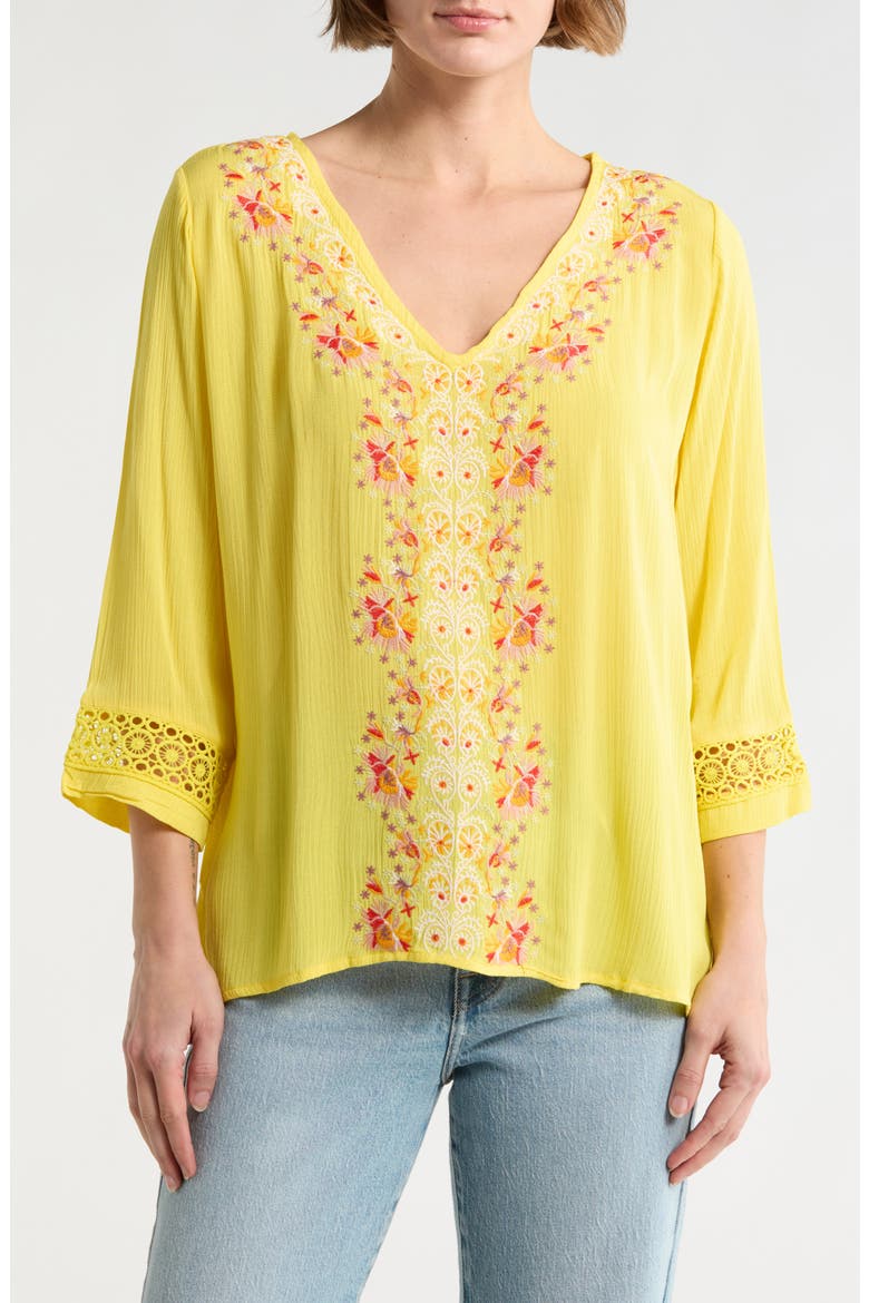 Embroidered V-Neck Top, Main, color, LEMON ZEST