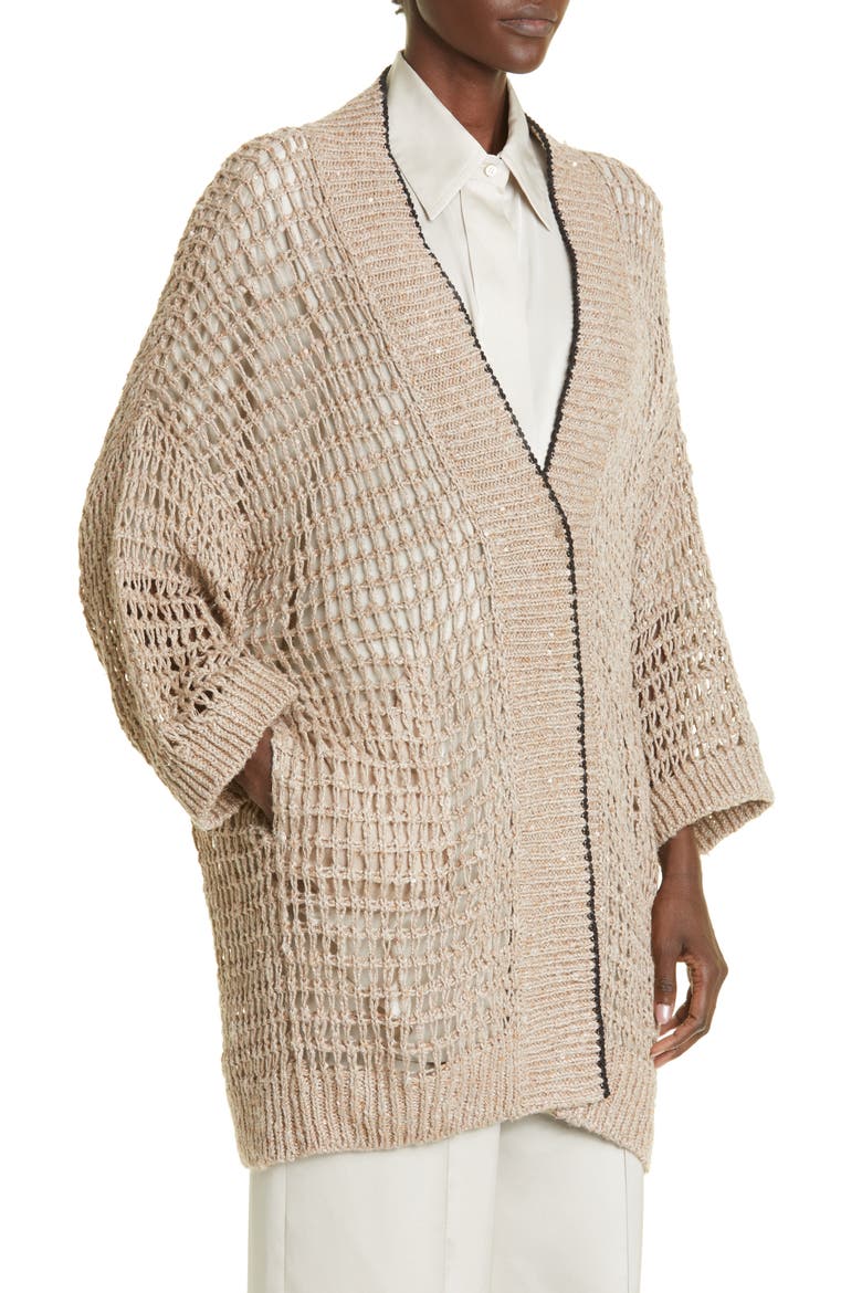 Sequin Open Knit Longline Cardigan, Alternate, color, CIN19 DARK BEIGE