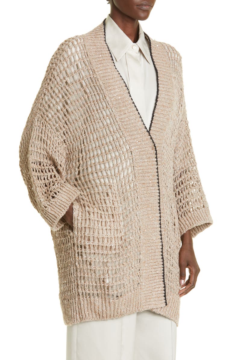Brunello Cucinelli Sequin Open Knit Longline Cardigan, Alternate, color, 