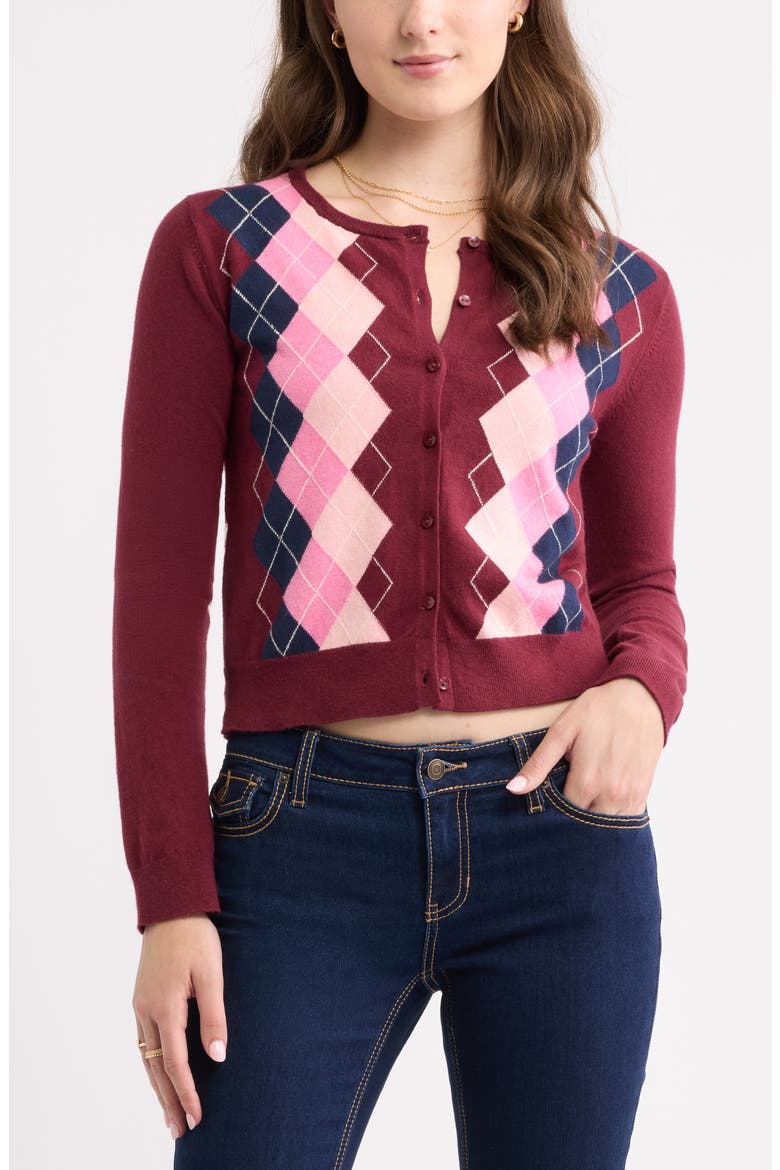 Crewneck Cotton Blend Cardigan, Main, color, BURGUNDY ARGYLE