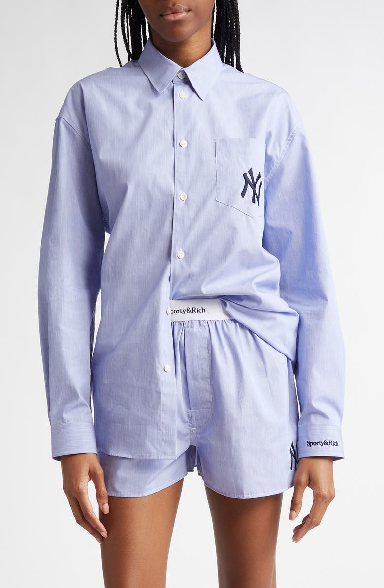Sporty & Rich Yankees Serif Cotton Oversize Button-Up Shirt, Main, color, 