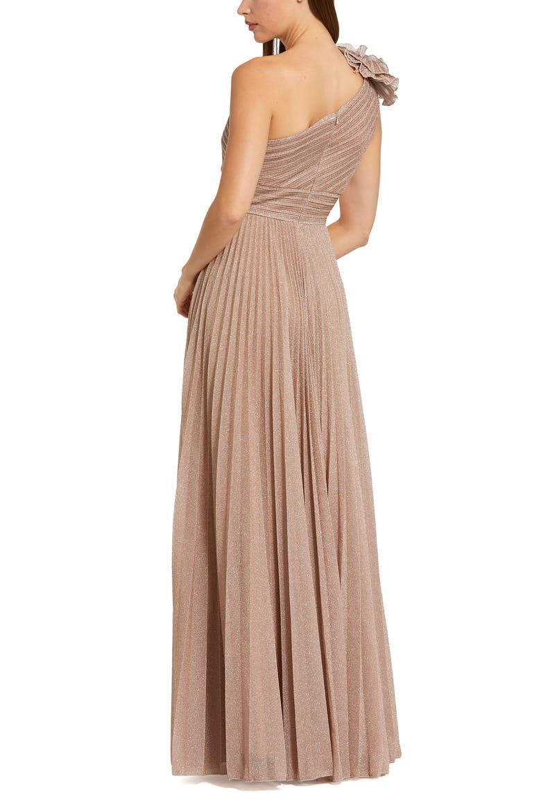 Petite Pleated Metallic One Shoulder Gown With Ruffle, Alternate, color, Champagne