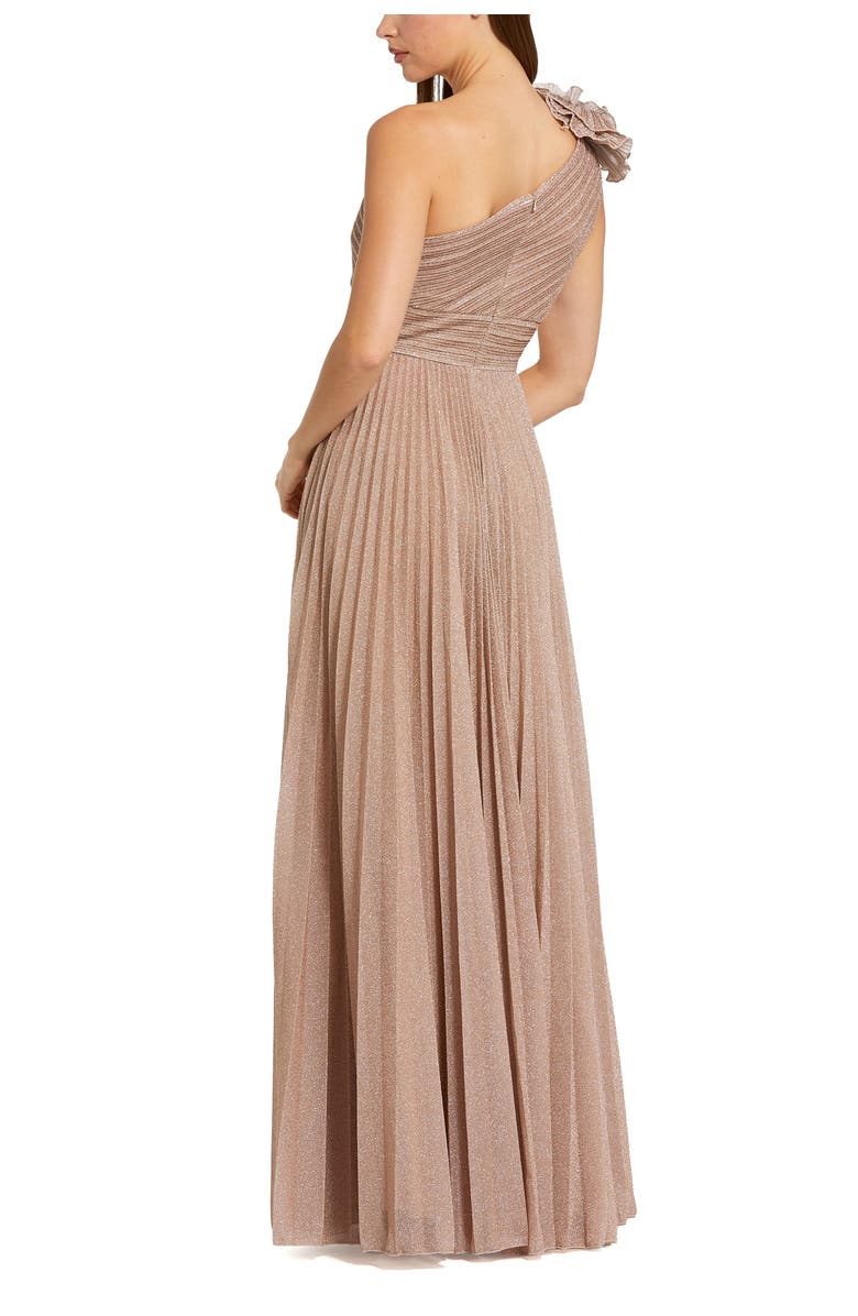 Mac Duggal Petite Pleated Metallic One Shoulder Gown With Ruffle, Alternate, color, Champagne