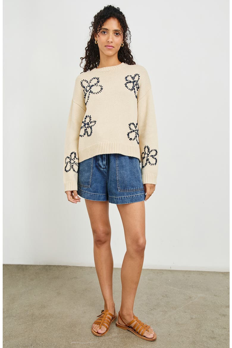 Zoey Floral Stitch Sweater, Alternate, color, IVORY NAVY STITCHED DAISIES