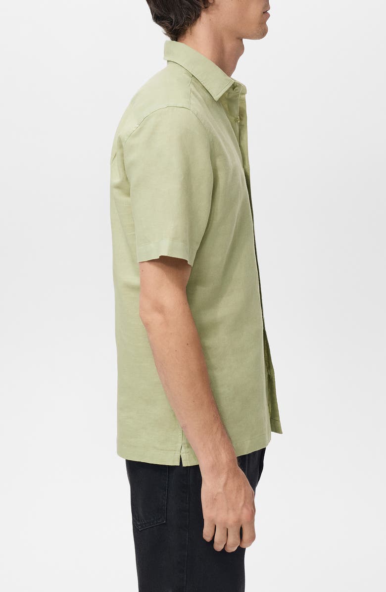 MANGO Short Sleeve Linen & Cotton Button-Up Shirt, Alternate, color, Green Apple