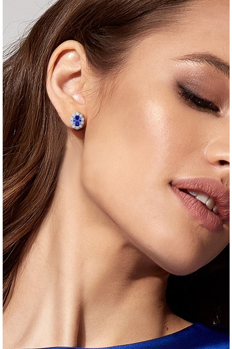 Halo Oval Cut Lab Created Blue Sapphire Stud Earrings & Pendant Necklace Set, Alternate, color, BLUE