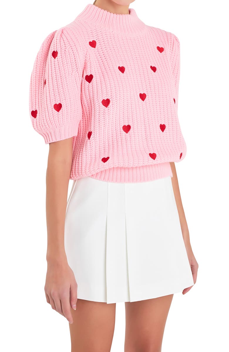 English Factory Heart Embroidered Puff Sleeve Sweater, Alternate, color, Pink
