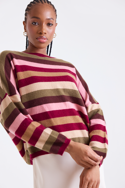 Brodie Pure Cashmere Stripe Up Crew Neck 100% Cashmere Sweater In Brown