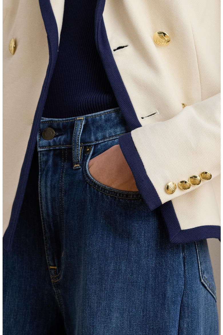 Double Breasted Piquè Blazer, Alternate, color, MASCARPONE CREAM/ REFINED NAVY