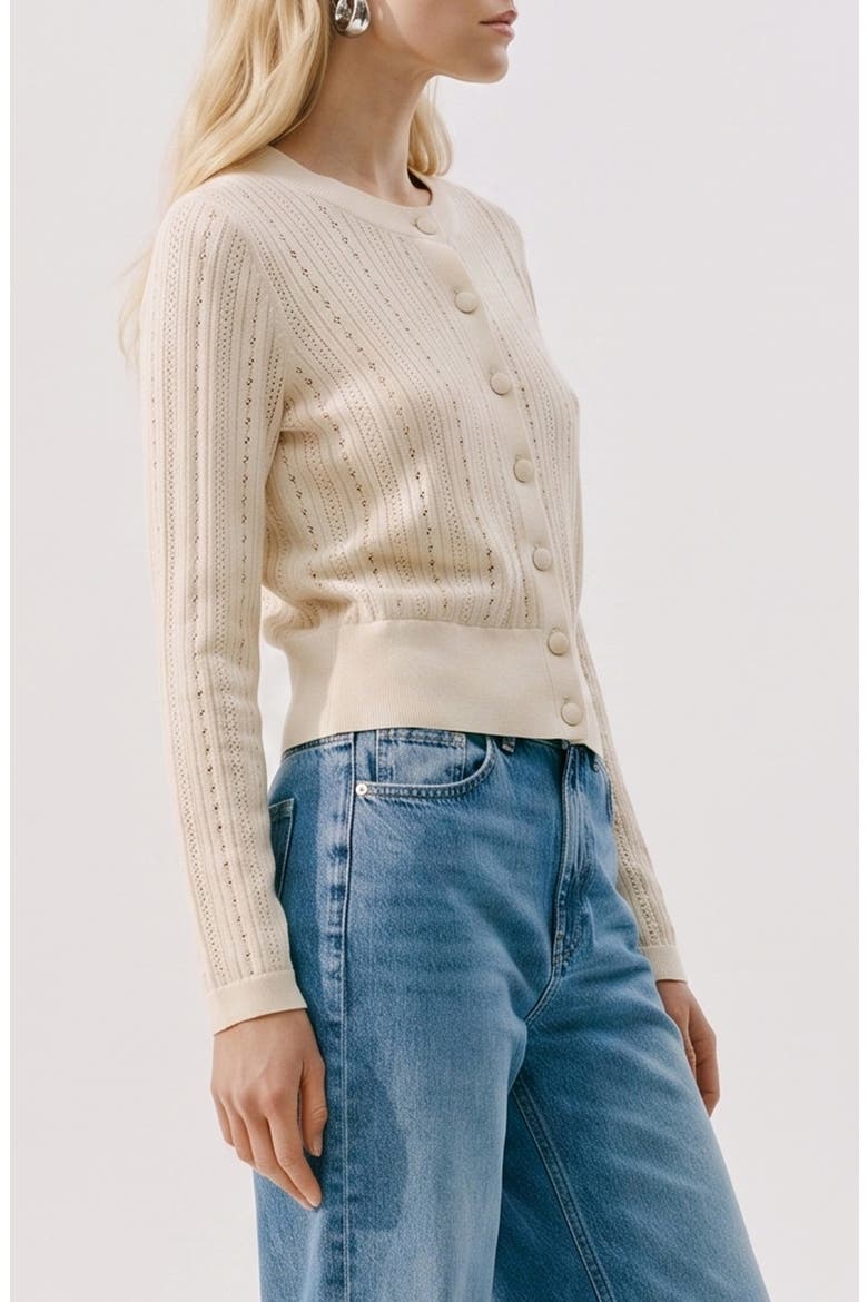 Sally Organic Cotton Pointelle Cardigan, Alternate, color, BIRCH