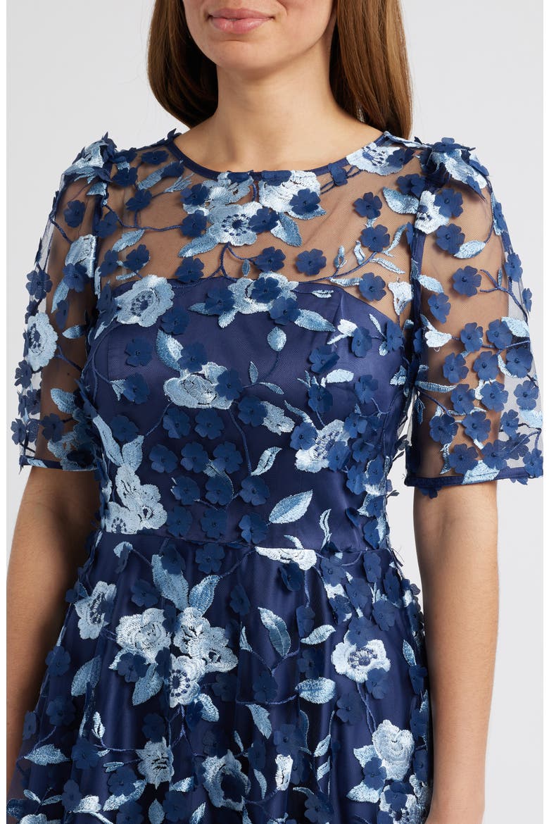 Floral Appliqué Cocktail Midi Dress, Alternate, color, NAVY