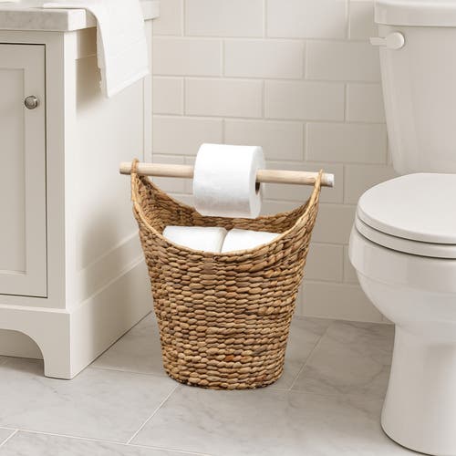 Happimess Talia Classic Coastal Hand-woven Water Hyacinth Toilet Paper Basket With Wood Bar In Brown