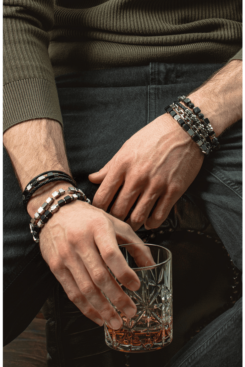 Striped Onyx Cube And Lava Bead Bracelet With Stainless Steel Spikes Cubes, Alternate, color, Silver