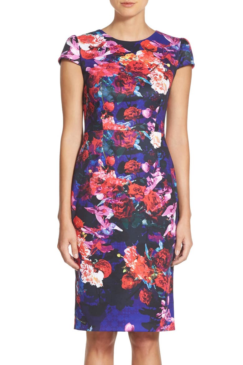 Print Stretch Midi Dress, Main, color, BLACK MULTI
