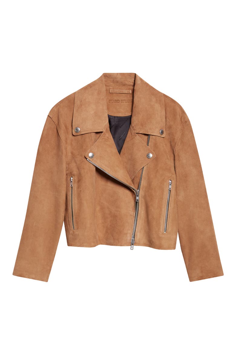 Kaia Suede Biker Jacket, Alternate, color, DARK SAND
