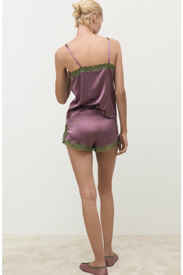 Contrast Lace Trim Stretch Silk Pajama Shorts, Alternate, color, PLUM