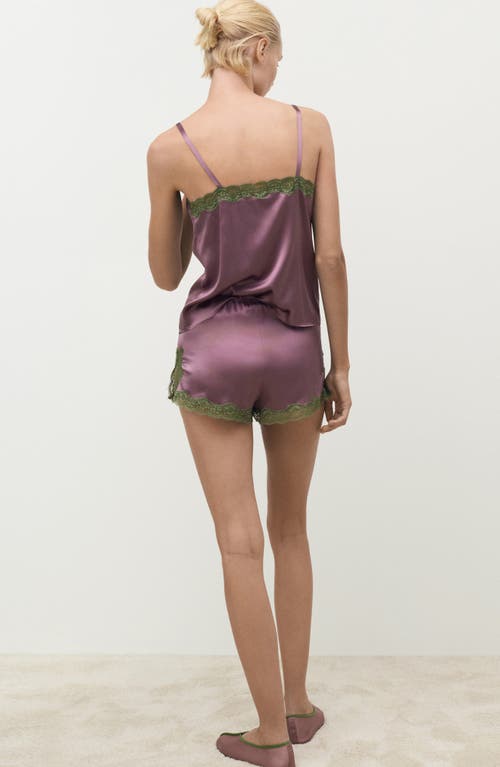 Mango Contrast Lace Trim Stretch Silk Pajama Shorts In Purple