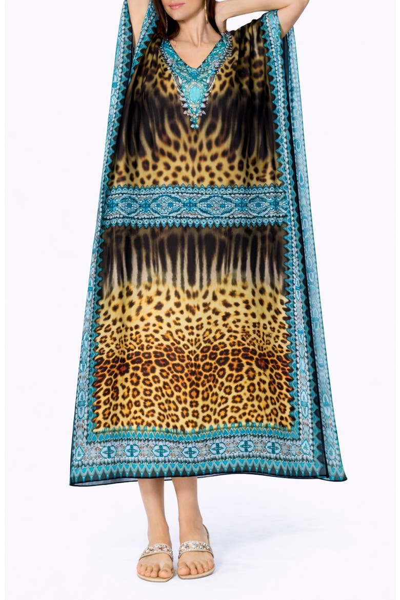 Print V-Neck Maxi Caftan, Main, color, BROWN
