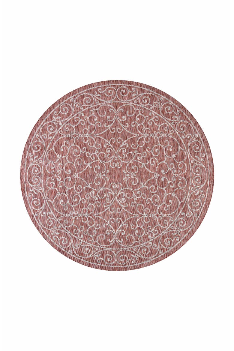 Charleston Vintage Filigree Textured Weave Indoor/Outdoor Round Area Rug, Main, color, Red/Beige