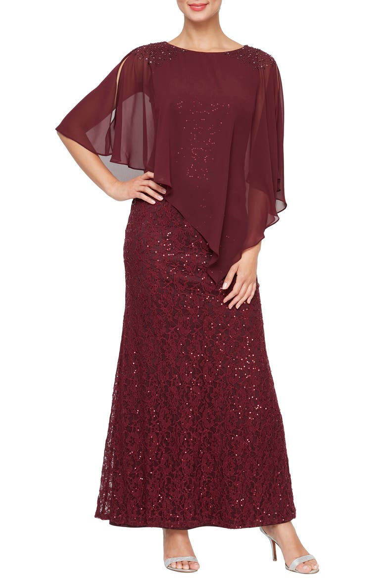 Beaded Lace & Chiffon Capelet Gown, Main, color, FIG