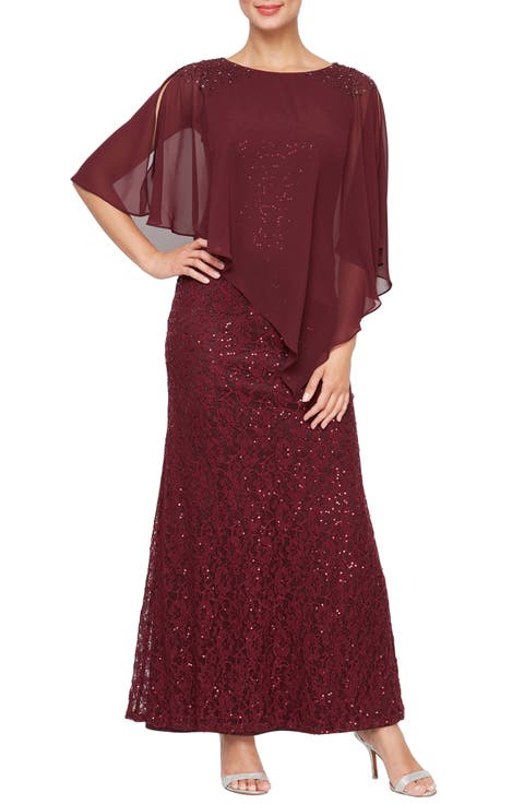 Beaded Lace & Chiffon Capelet Gown