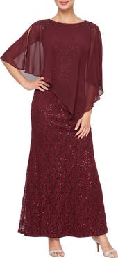 SL FASHIONS Beaded Lace & Chiffon Capelet Gown