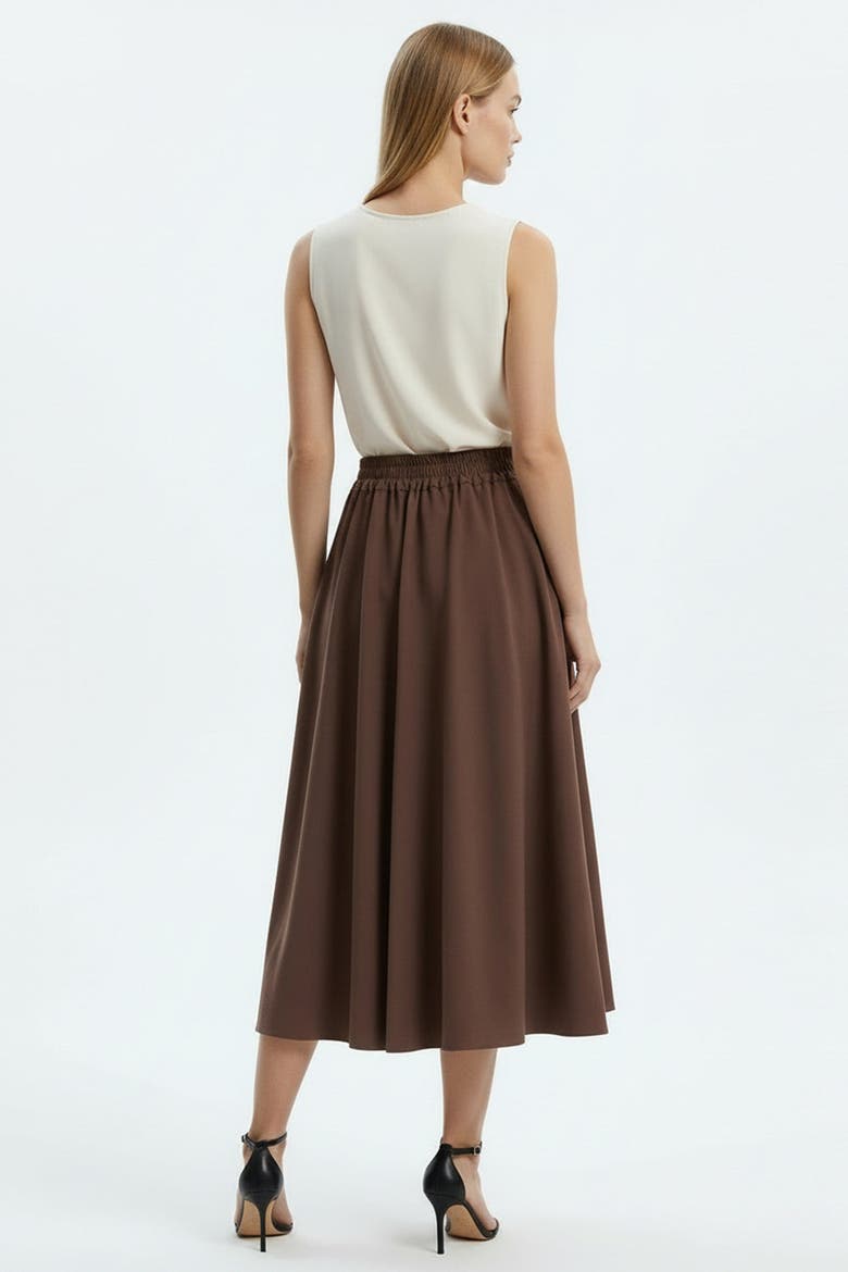 Nayaine Pleated Elasticated Back Midi Skirt, Alternate, color, BROWN