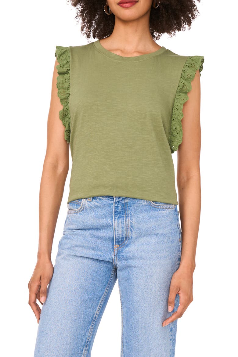 Ruffle Eyelet Tank Top, Main, color, DARK GREEN