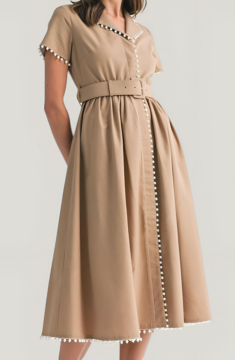 Modenaire Short Sleeve Collared Midi Dress with Pearl Details and Statement Belt, Alternate, color, Beige