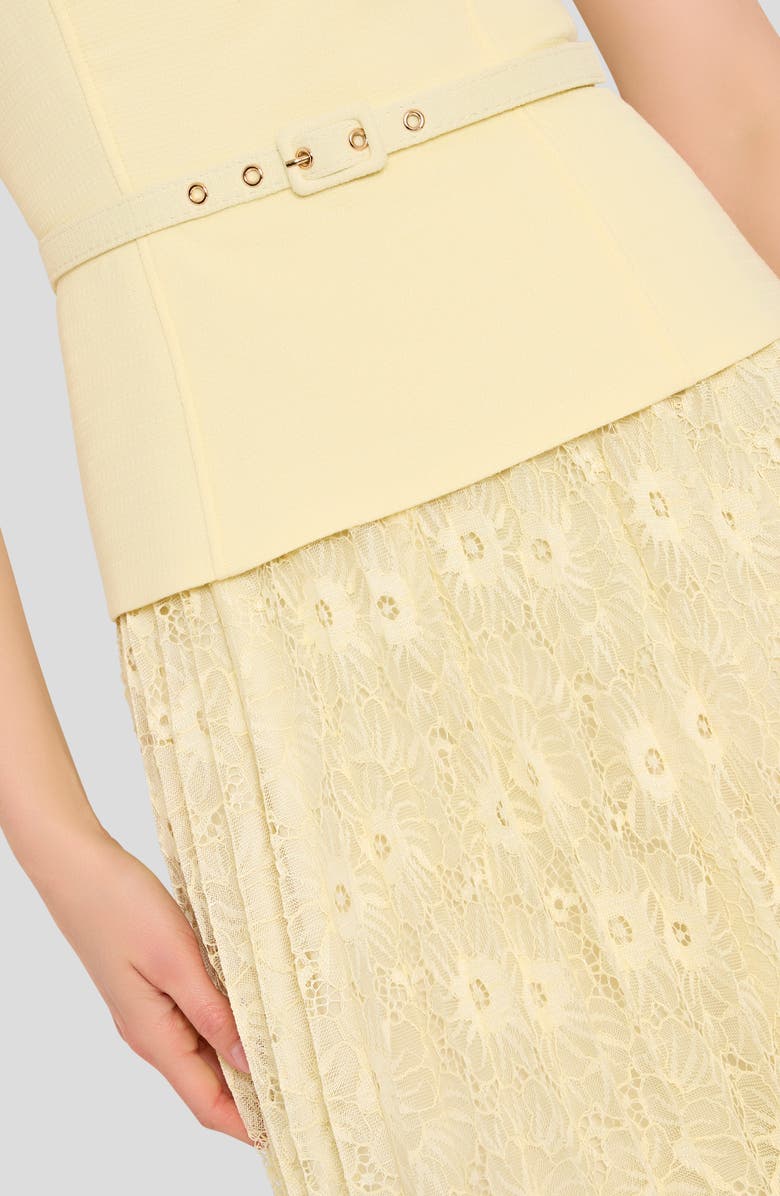 Tahari ASL Mixed Media Belted Bouclé & Lace Midi Dress, Alternate, color, Buttercup