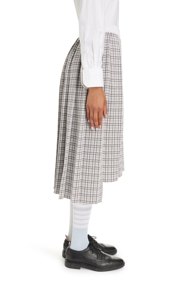 Thom Browne 4-Bar Small Check Drop Back Silk & Cotton Pleated Skirt, Alternate, color, 