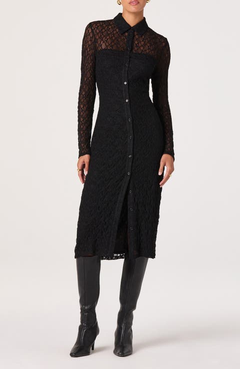 Collared Long Sleeve Lace Shirtdress