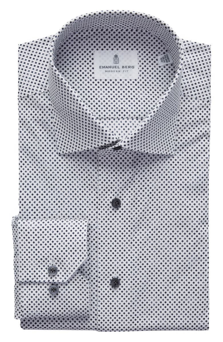 Emanuel Berg Modern Fit Geometric Stretch Poplin Sport Shirt, Main, color, Charcoal