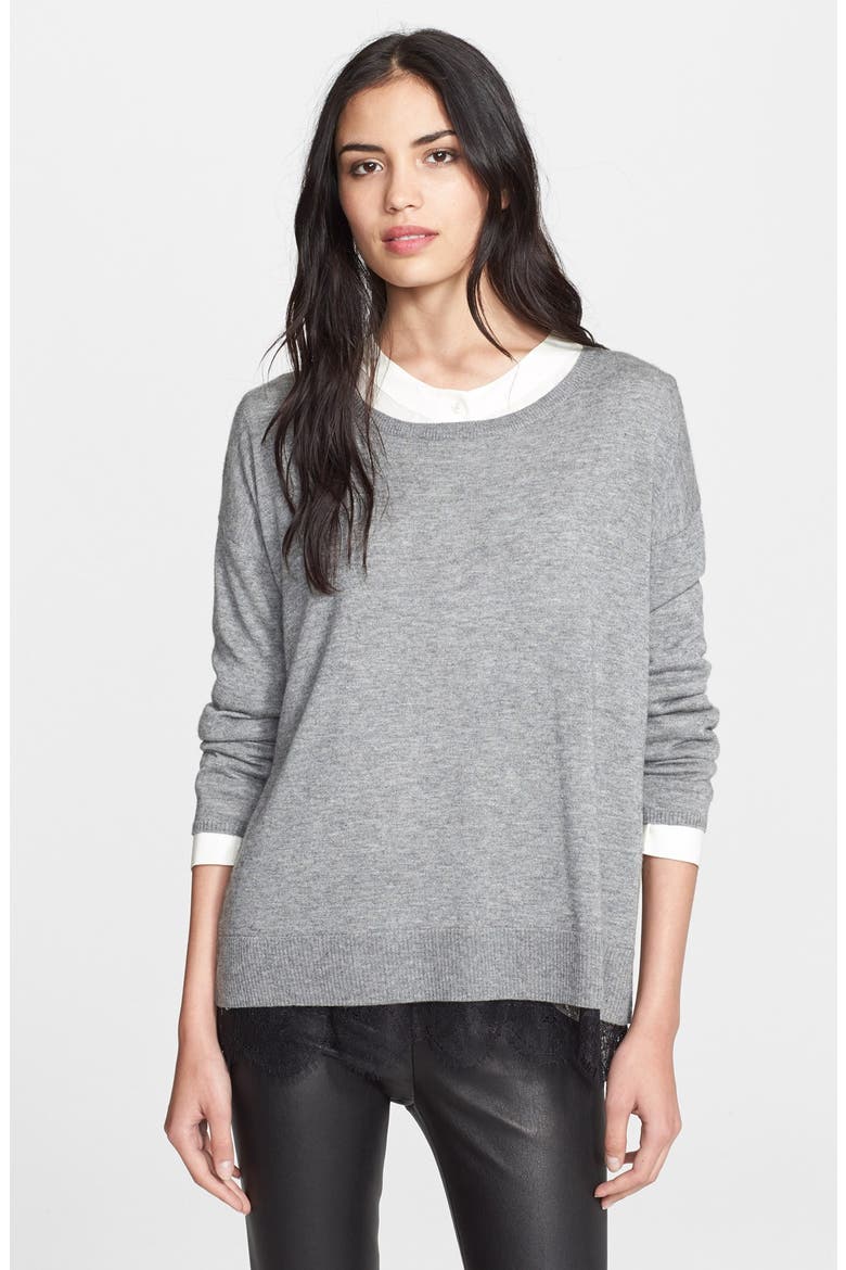 'Hilano C.' Lace Trim Sweater, Main, color, HEATHER GREY/ CAVIAR