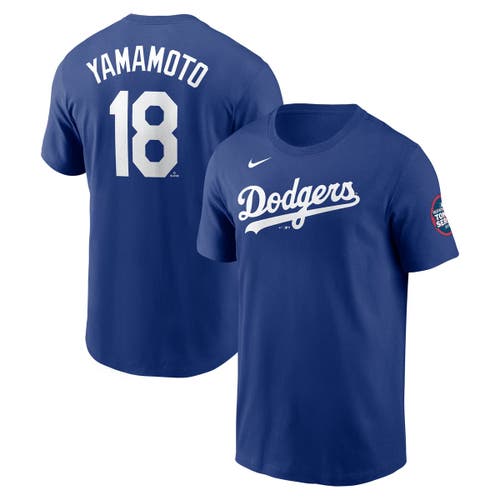 NIKE NIKE YOSHINOBU YAMAMOTO ROYAL LOS ANGELES DODGERS 2025 MLB WORLD TOUR: TOKYO SERIES NAME & NUMBER T-