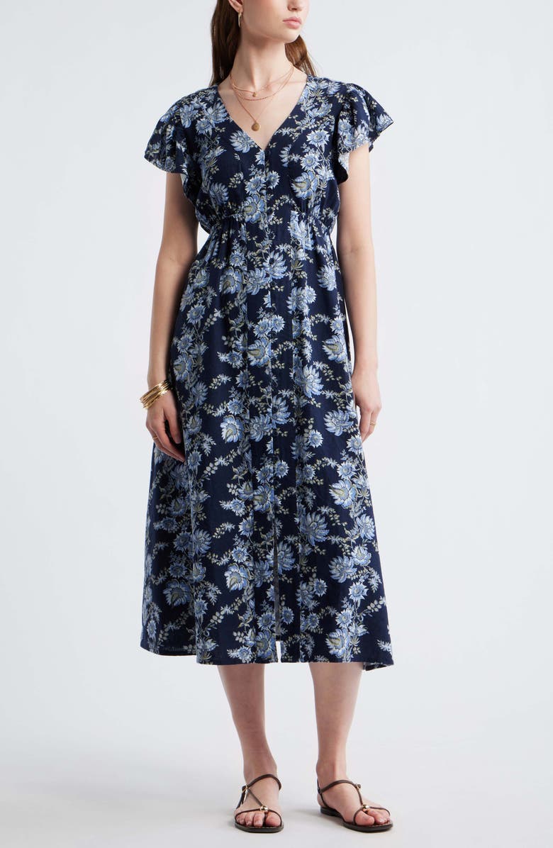 Treasure & Bond Short Sleeve Button Down Linen Blend Midi Dress, Main, color, Navy Cottage Floral Stripe