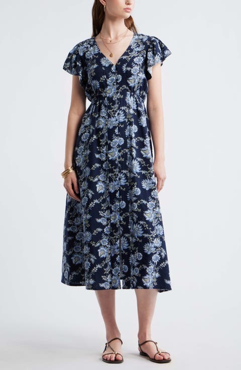 Short Sleeve Button Down Linen Blend Midi Dress