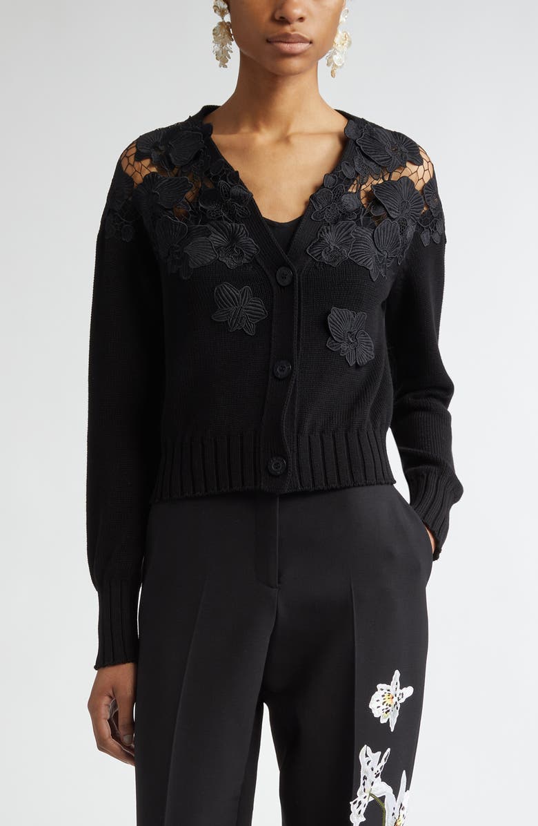 Oscar de la Renta Orchid Guipure Cotton Cardigan, Main, color,