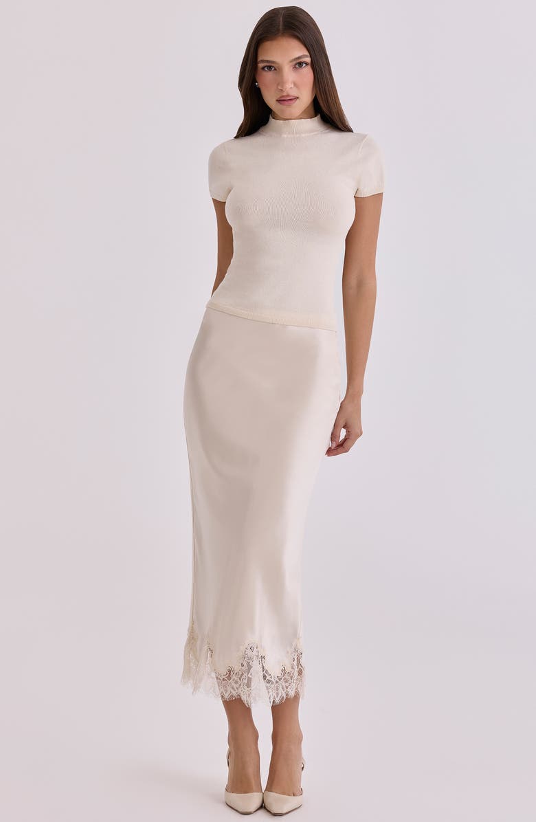 HOUSE OF CB Ciara Satin & Lace Midi Skirt, Alternate, color, Vintage Cream