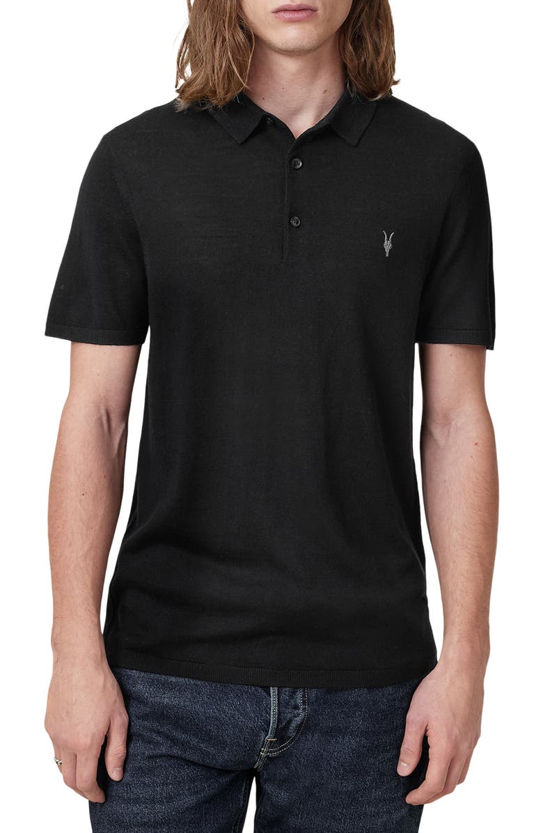AllSaints Mode Merino Wool Polo, Main, color, Black