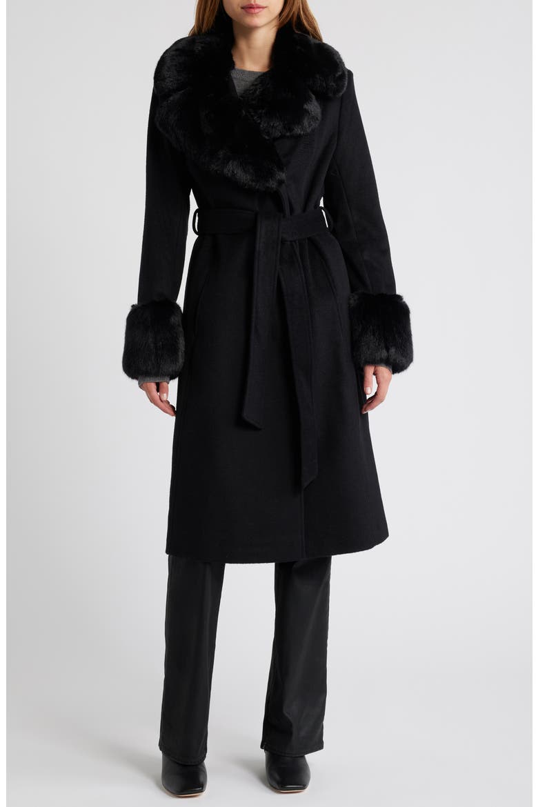 Belted Faux Fur Trim Coat, Main, color, BLACK