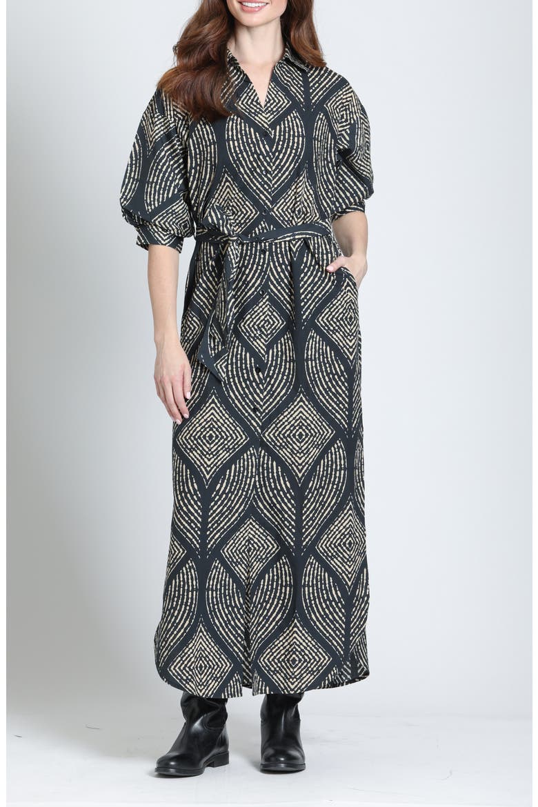 Puff Sleeve Belted Cotton Maxi Dress, Main, color, ONYX/DESERT SAND